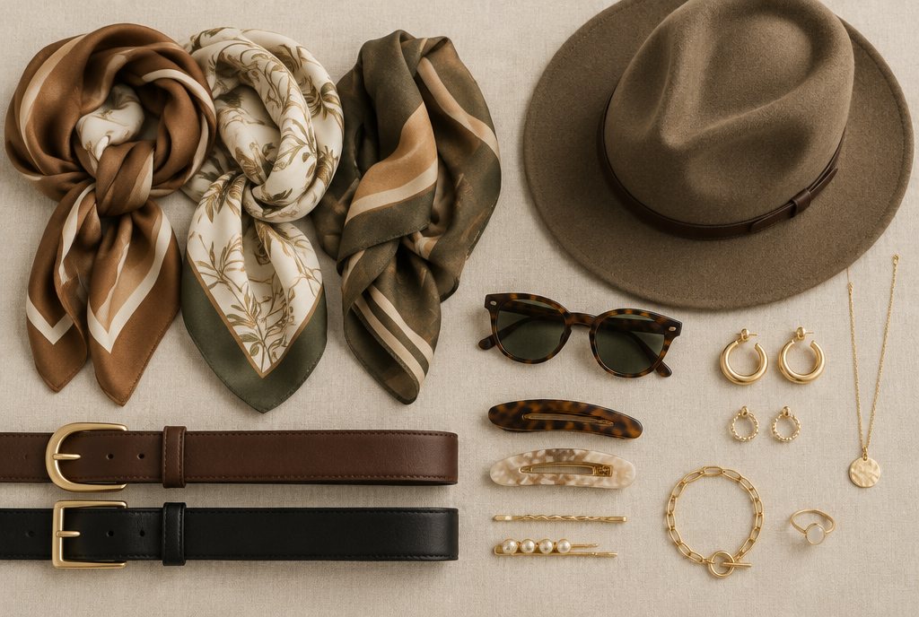 Scarves, hat, belts, sunglasses and jewelry flat lay