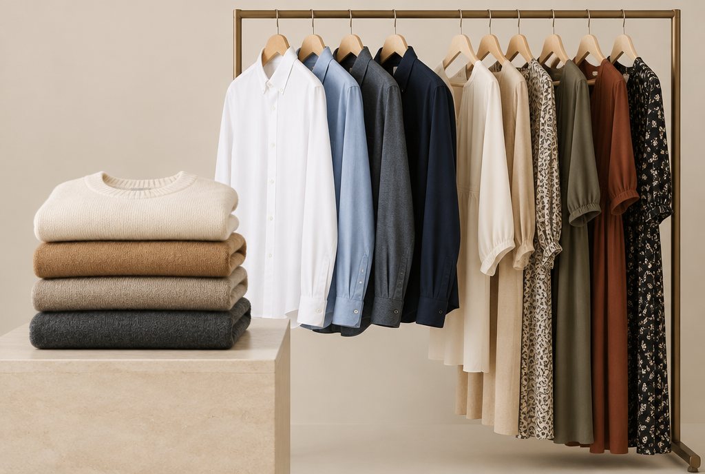 Folded knitwear and hanging ready-to-wear garments