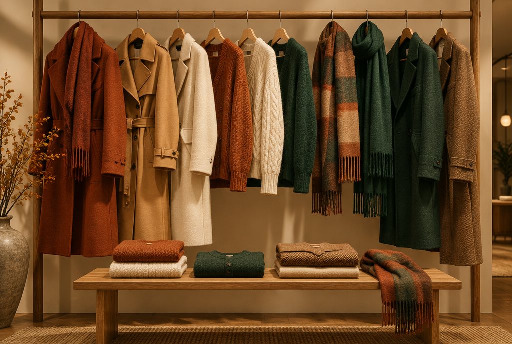 Autumn-winter coats and knitwear on a display rail