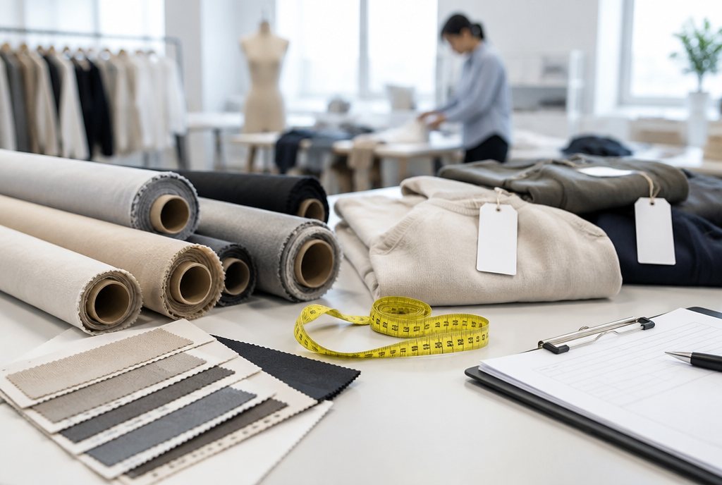 Fabric rolls, swatches, sample garments and a measuring tape on a sourcing table